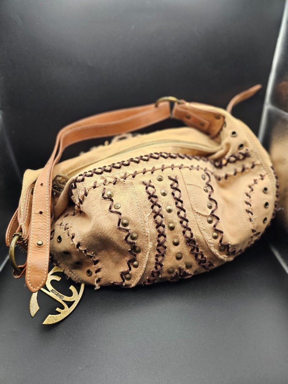 Just Cavalli Tan Leather Stitch‑Detail Shoulder Bag w/ Original Dust Bag - Y2K
